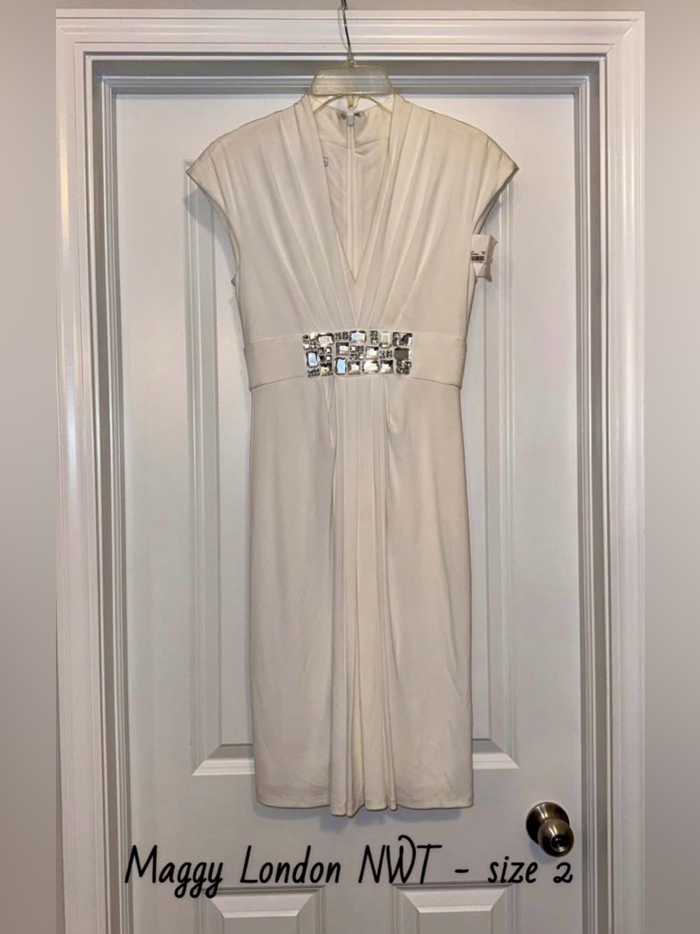 Maggy London White Midi Dress with Jeweled Waist
